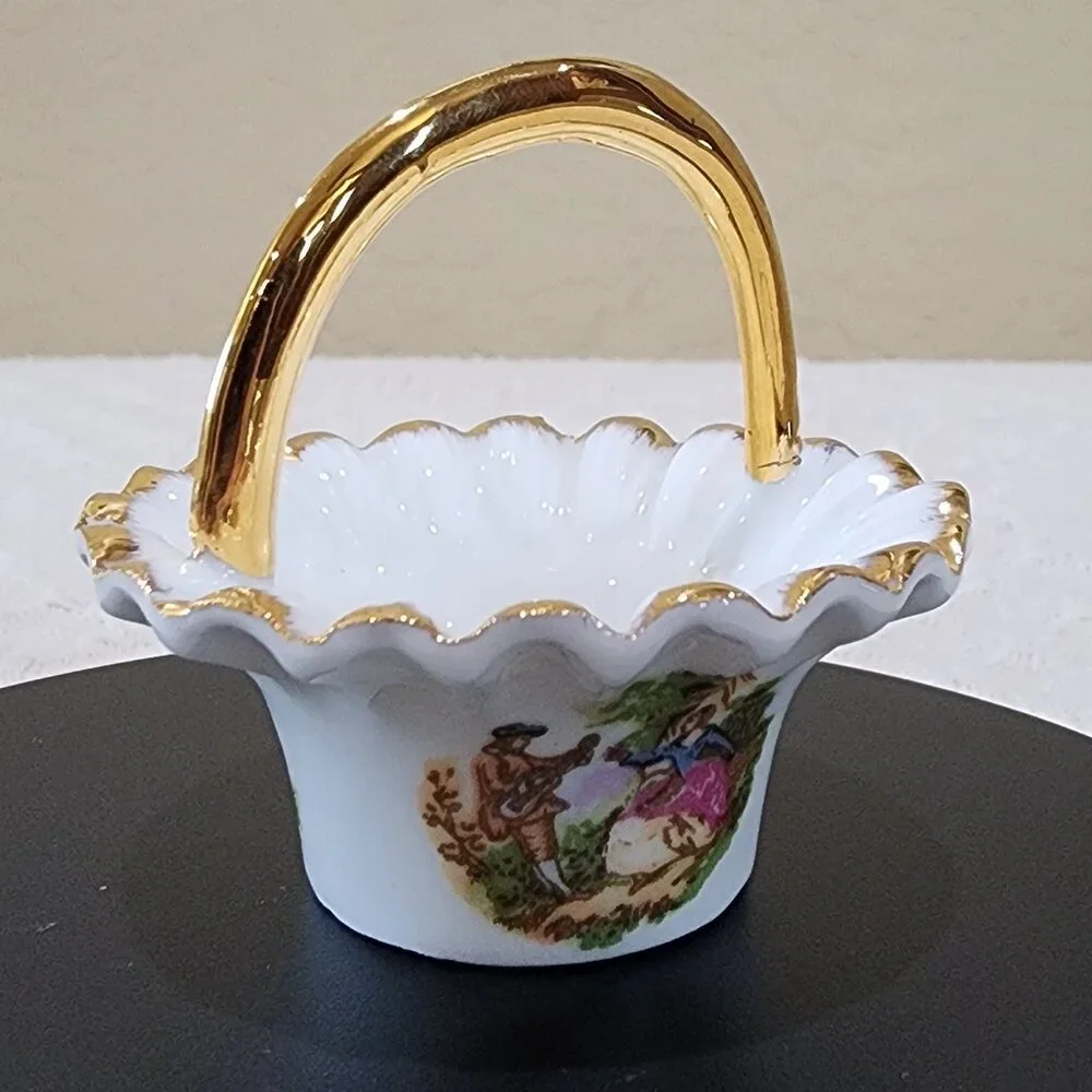 Courting Couple SALT Handled MINI Basket Vintage BRINTON Bone China Gold Accent